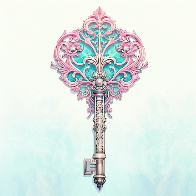 There is a drawing of a key with a pink and blue design generative ai