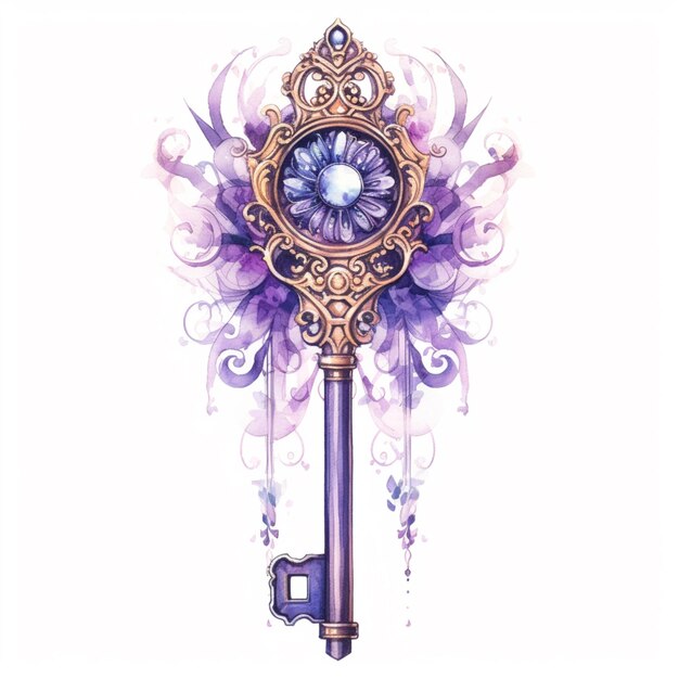 there is a drawing of a key with a purple flower on it generative ai