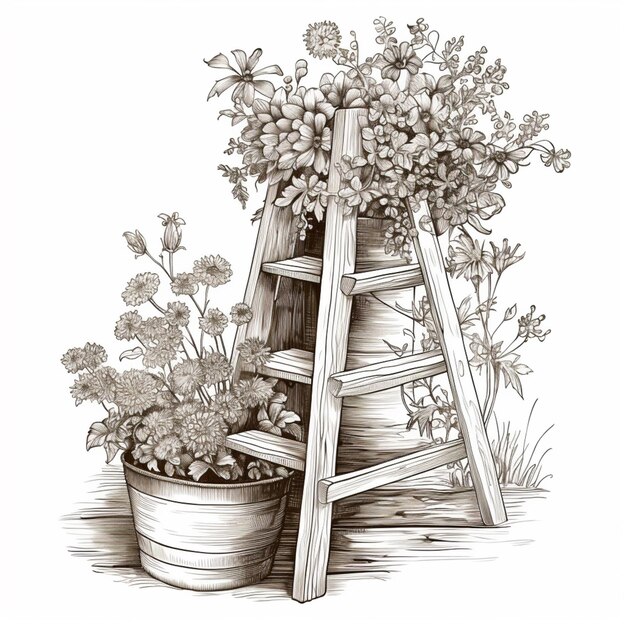 Photo there is a drawing of a ladder with flowers in it generative ai