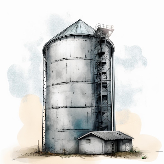 there is a drawing of a large silo with a small house generative ai