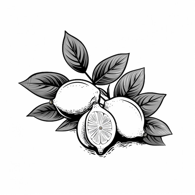 there is a drawing of a lemon with leaves on it generative ai