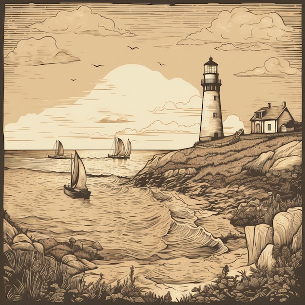 There is a drawing of a lighthouse on the shore with sailboats generative ai