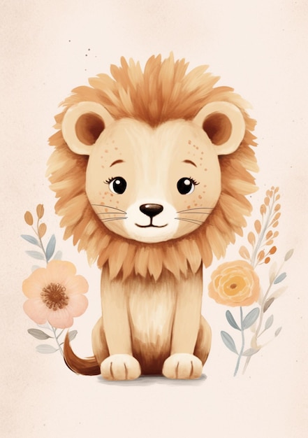 There is a drawing of a lion sitting in front of a flower generative ai