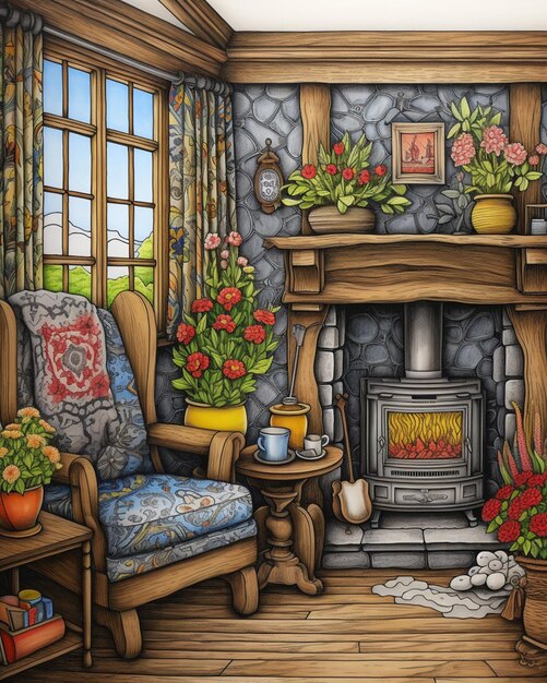 there is a drawing of a living room with a fireplace and a chair generative ai