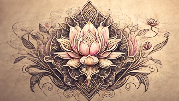 there is a drawing of a lotus flower on a wall generative ai