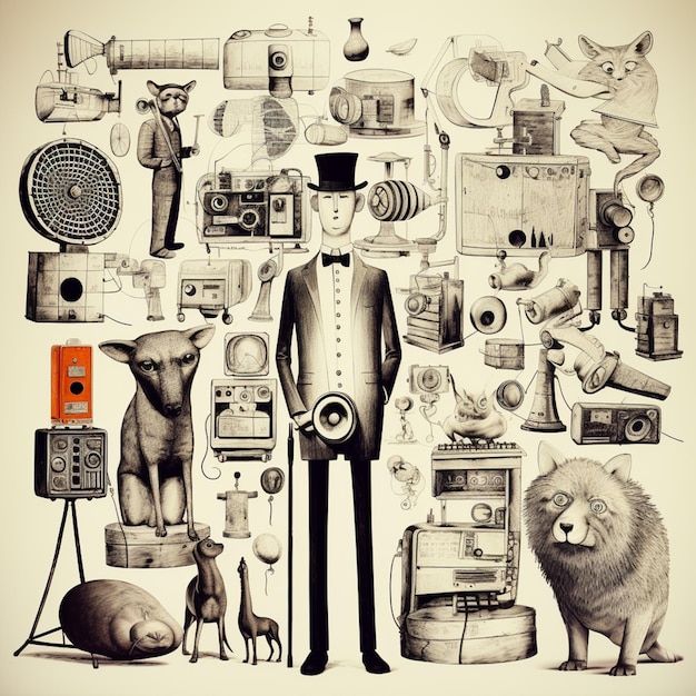 Photo there is a drawing of a man surrounded by various objects generative ai