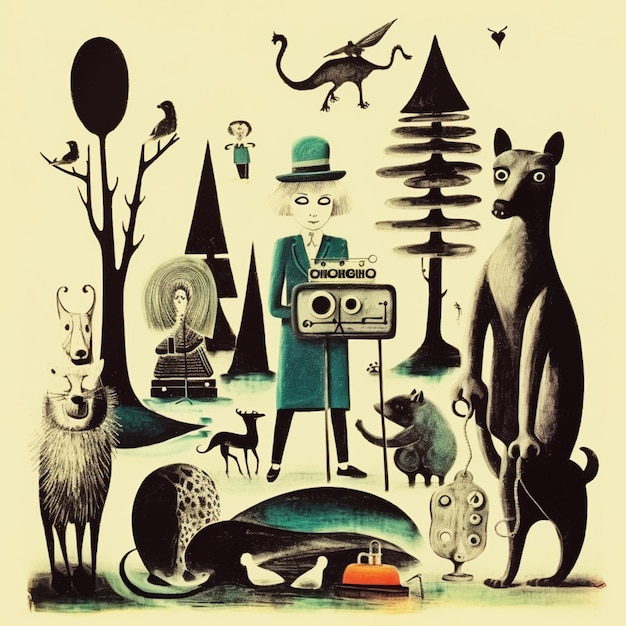 there is a drawing of a man with a camera and animals generative ai