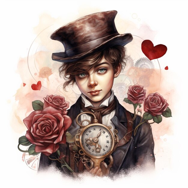 There is a drawing of a man with a clock and roses generative ai