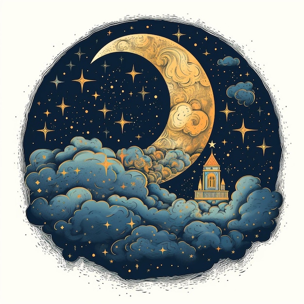 There is a drawing of a moon and a building in the sky generative ai