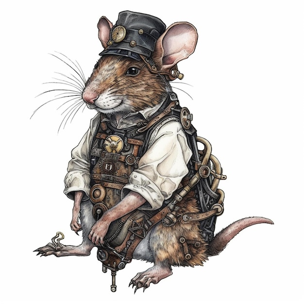 Photo there is a drawing of a mouse wearing a steam punk outfit generative ai