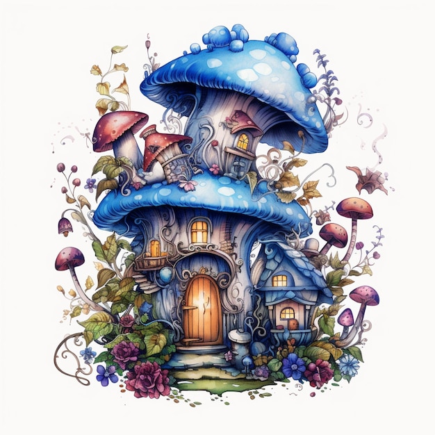 there is a drawing of a mushroom house with a door generative ai