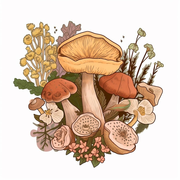 There is a drawing of a mushroom surrounded by flowers and plants generative ai