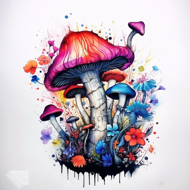 there is a drawing of a mushroom with flowers and butterflies generative ai