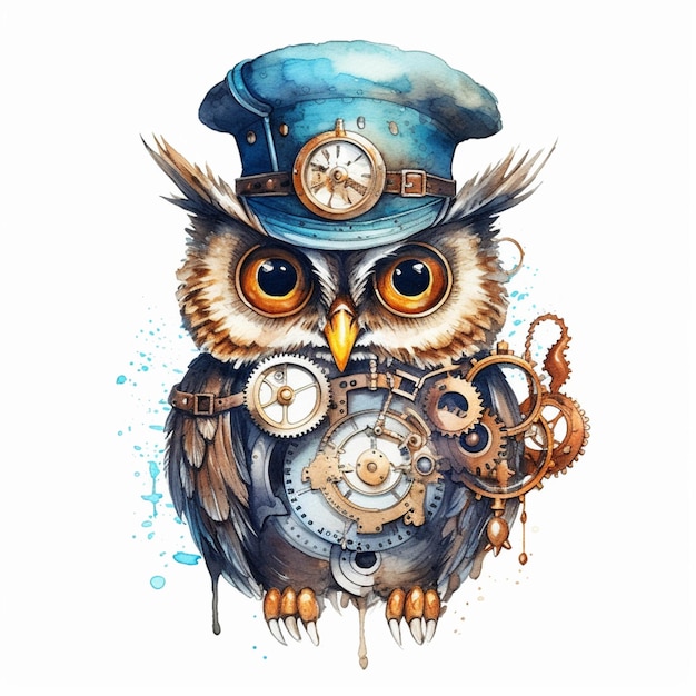 There is a drawing of an owl wearing a hat and holding a clock generative ai