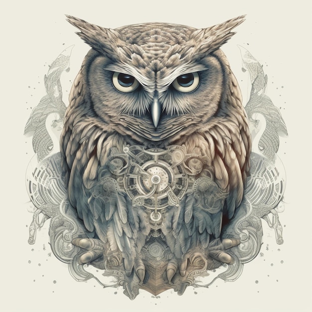 There is a drawing of an owl with a clock on its chest generative ai