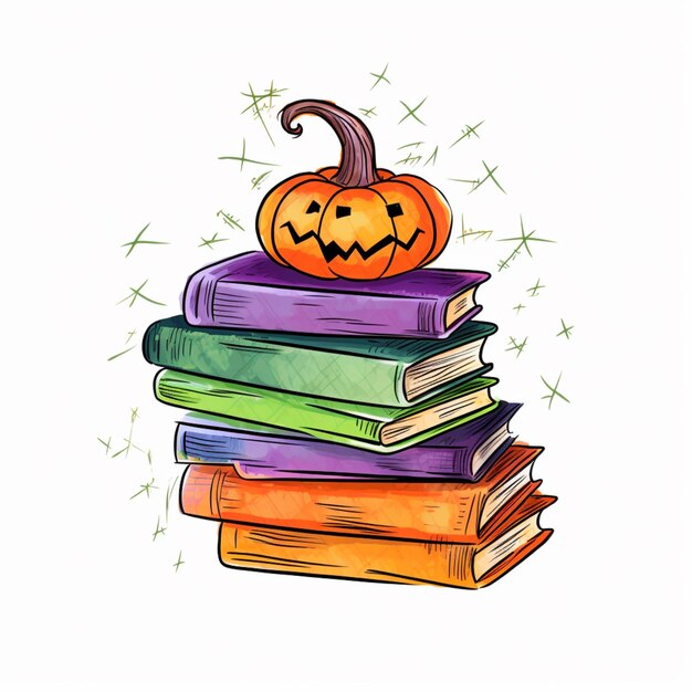 Foto c'è un disegno di una zucca seduta sopra una pila di libri generativa ai