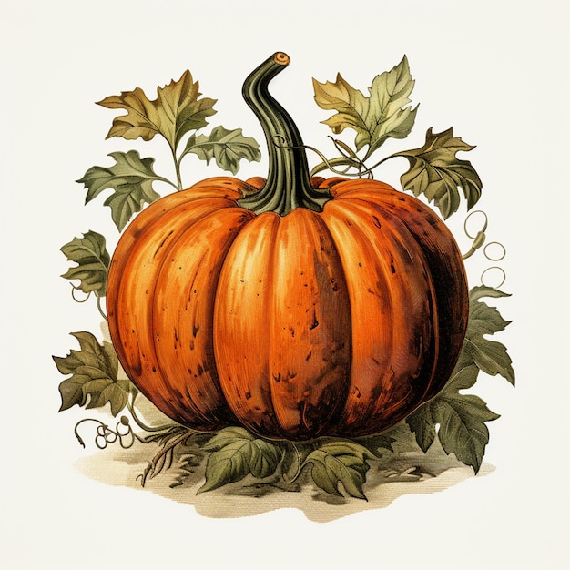 Photo there is a drawing of a pumpkin with leaves around it generative ai