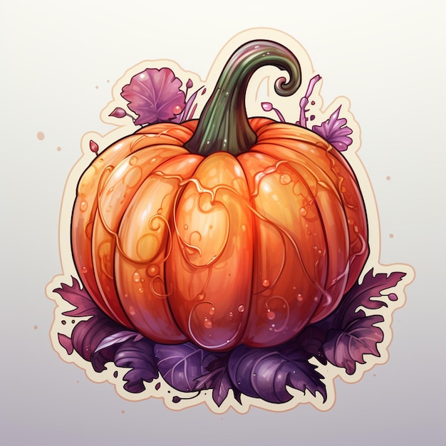 there is a drawing of a pumpkin with leaves and water drops generative ai