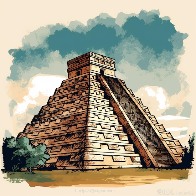 There is a drawing of a pyramid with a large staircase generative ai