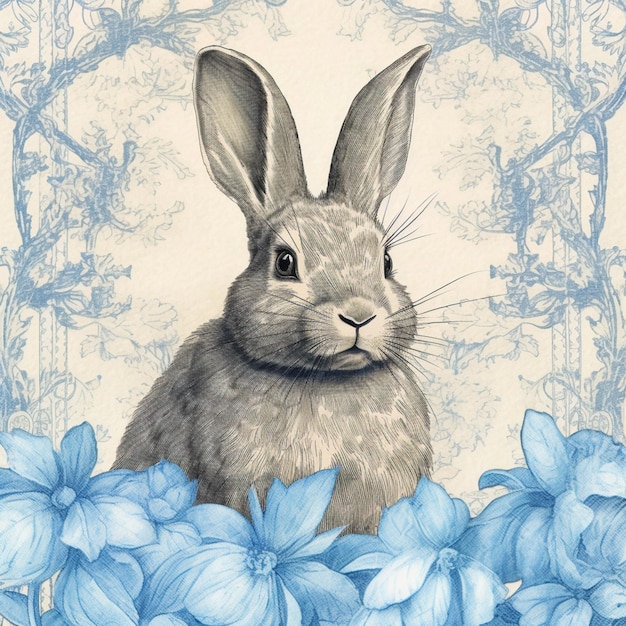 Photo there is a drawing of a rabbit sitting in a flowery frame generative ai