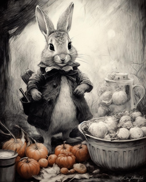 There is a drawing of a rabbit standing next to a bowl of apples generative ai