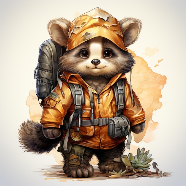 There is a drawing of a raccoon wearing a jacket and backpack generative ai