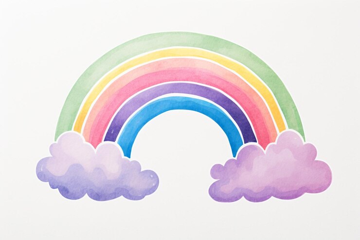 Photo there is a drawing of a rainbow with clouds in the background generative ai