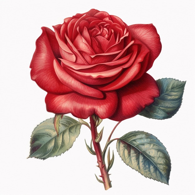 There is a drawing of a red rose with green leaves generative ai