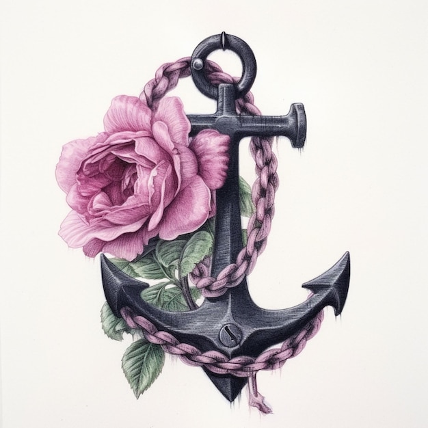 Photo there is a drawing of a rose and an anchor on a white background generative ai