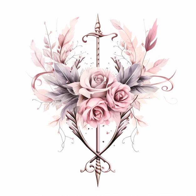 Foto c'è un disegno di una rosa e una freccia con piume generative ai
