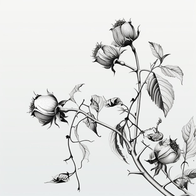Foto c'è un disegno di una pianta di rosa con foglie e fiori generativo ai