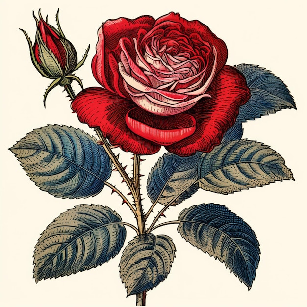 Foto c'è un disegno di una rosa con foglie e uno stelo generativo ai