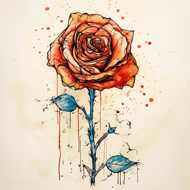 Photo there is a drawing of a rose with a splattered background generative ai