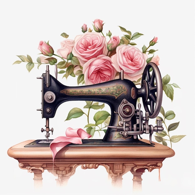 There is a drawing of a sewing machine with pink roses on it generative ai