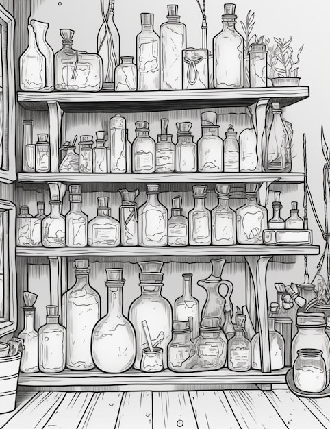 Photo there is a drawing of a shelf with bottles and jars generative ai