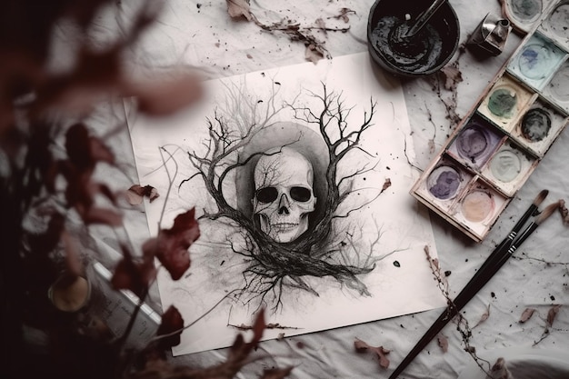 There is a drawing of a skull with a tree in the middle generative ai