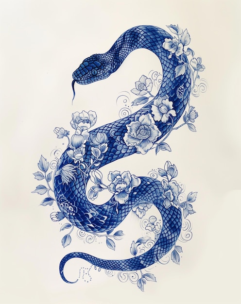 there is a drawing of a snake with flowers on it generative ai