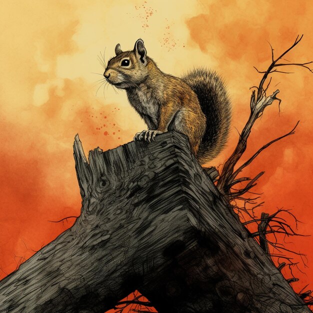 Photo there is a drawing of a squirrel sitting on a tree stump generative ai