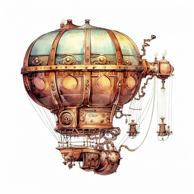 there is a drawing of a steam powered balloon with a clock generative ai