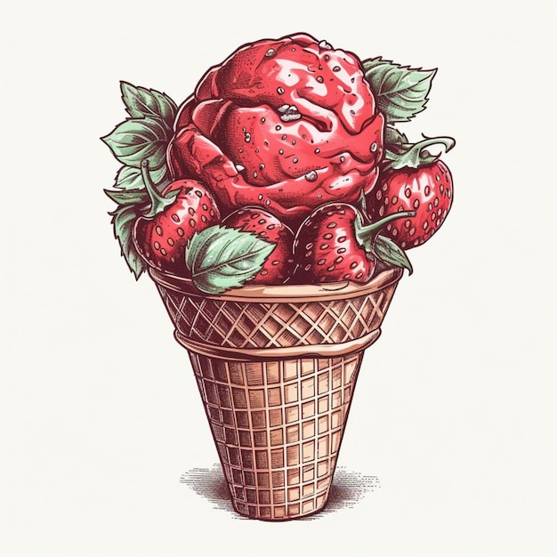 There is a drawing of a strawberry ice cream cone with strawberries generative ai