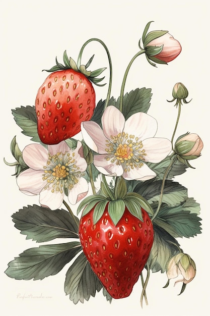 There is a drawing of a strawberry with flowers and leaves generative ai