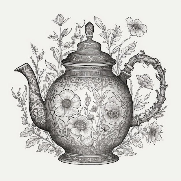 there is a drawing of a teapot with flowers and birds on it generative ai