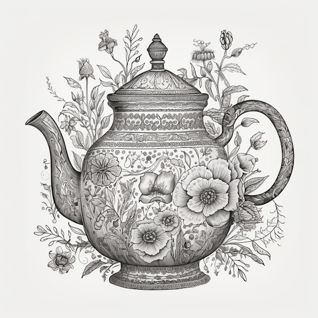 Photo there is a drawing of a teapot with flowers on it generative ai