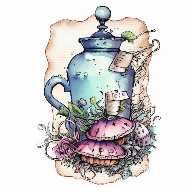 Foto c'è un disegno di una teiera con una borsa di tè e un fungo generativo ai