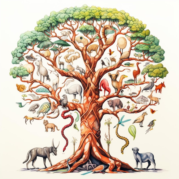 there is a drawing of a tree with animals and birds on it generative ai