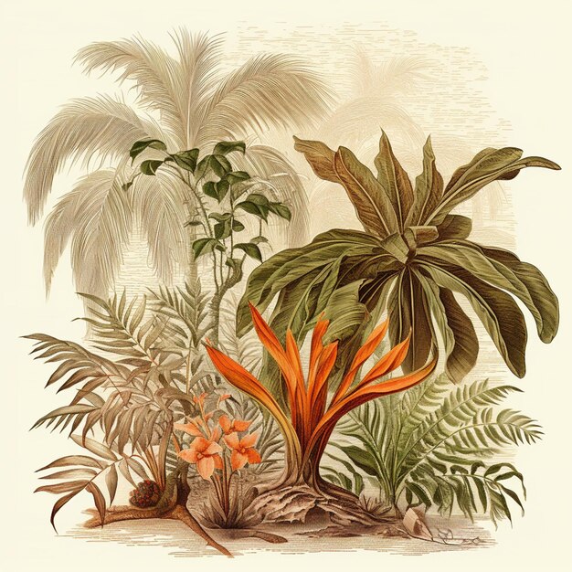 There is a drawing of a tropical plant with orange flowers generative ai