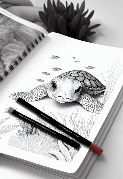 Photo there is a drawing of a turtle on a notebook with a pencil generative ai