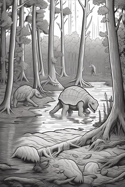 Photo there is a drawing of a turtle and a turtle in the woods generative ai