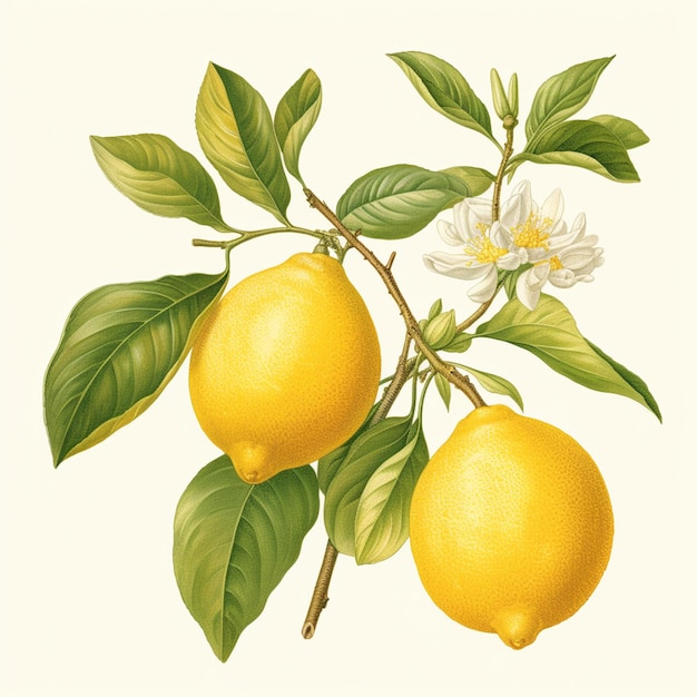 Photo there is a drawing of two lemons on a branch with leaves generative ai