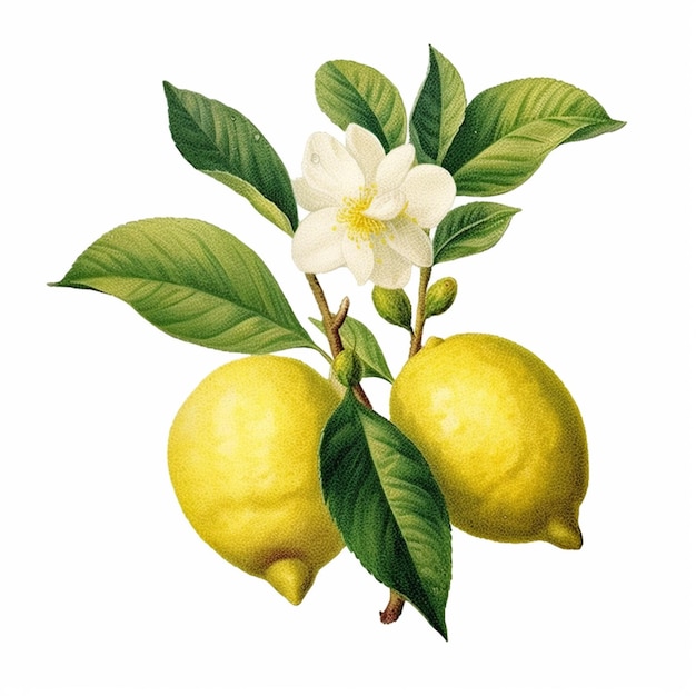 Photo there is a drawing of two lemons with leaves and flowers generative ai